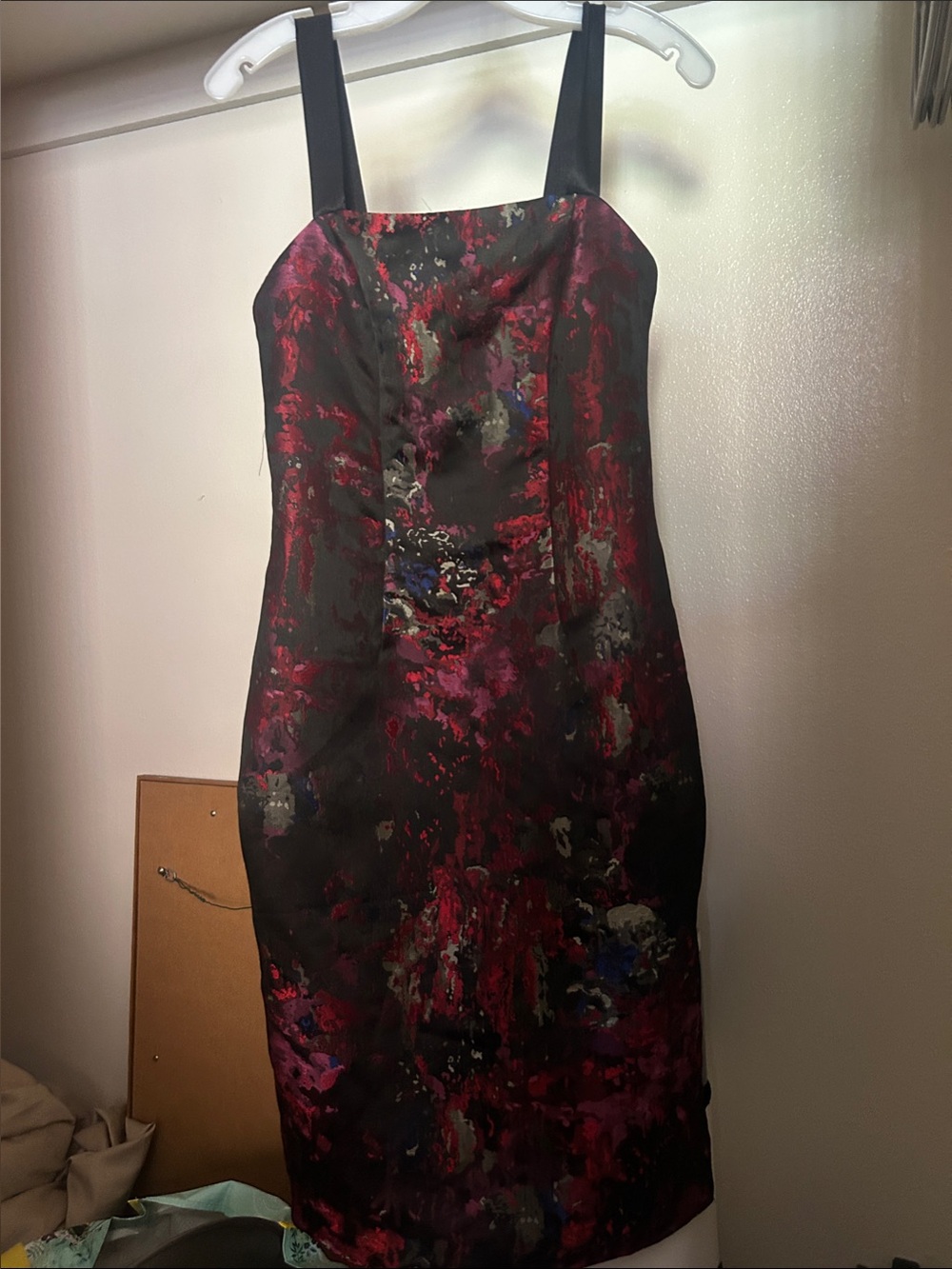 David's Bridal Black Midi Sheath Dress with Red Floral Abstract Print